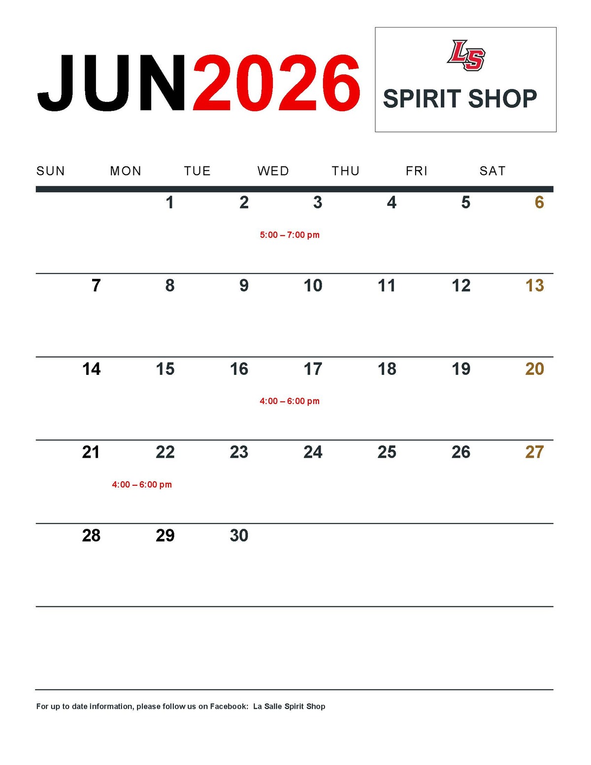 La Salle Spirit Shop Calendar